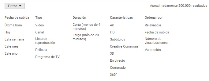 filtros busquedas youtube